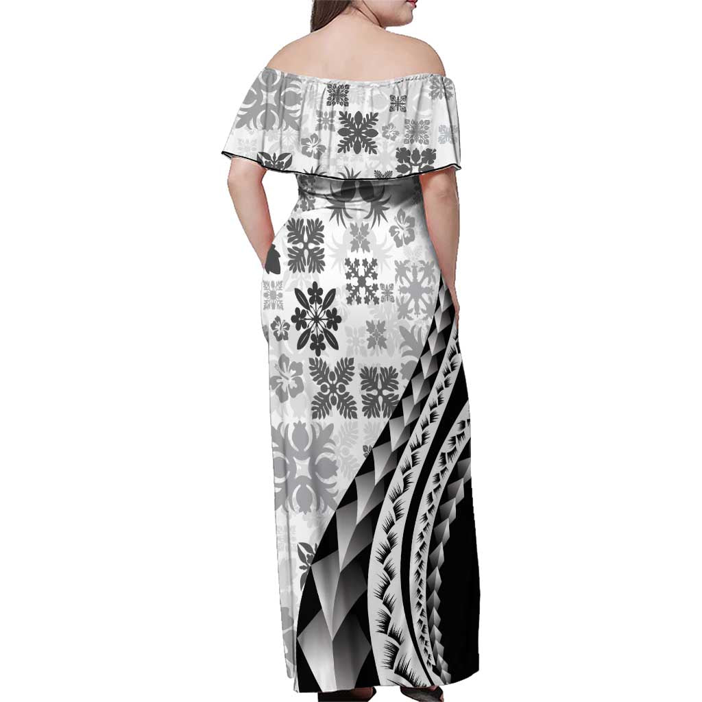 Black Hawaiian Quilt Pattern Family Matching Off Shoulder Maxi Dress and Hawaiian Shirt Mixed Polynesian Tribal Arty