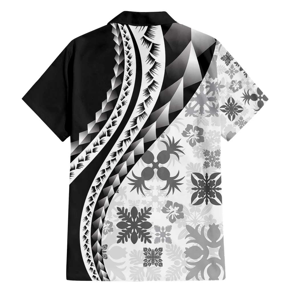 Black Hawaiian Quilt Pattern Family Matching Off Shoulder Short Dress and Hawaiian Shirt Mixed Polynesian Tribal Arty