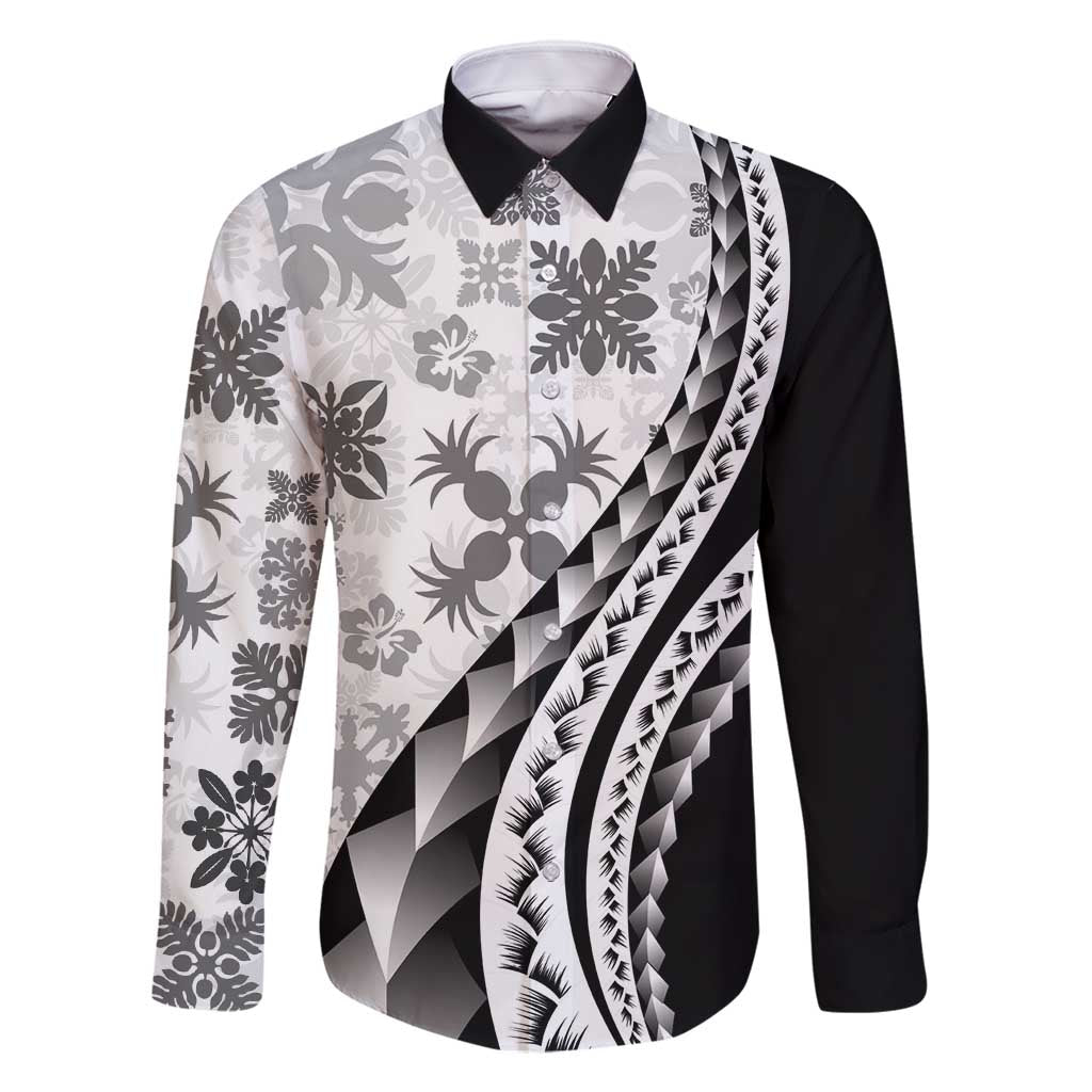 Black Hawaiian Quilt Pattern Family Matching Off Shoulder Short Dress and Hawaiian Shirt Mixed Polynesian Tribal Arty