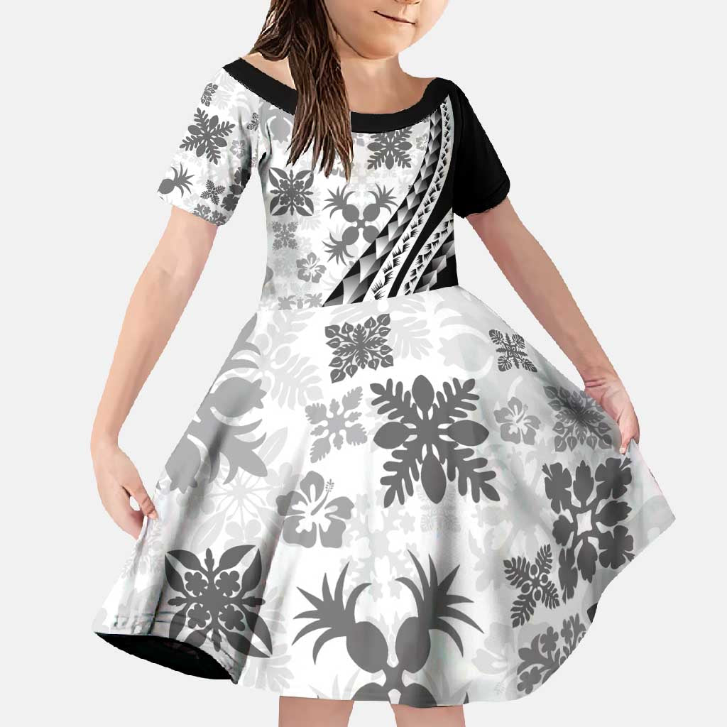 Black Hawaiian Quilt Pattern Family Matching Short Sleeve Bodycon Dress and Hawaiian Shirt Mixed Polynesian Tribal Arty LT9 Daughter's Dress Black - Polynesian Pride
