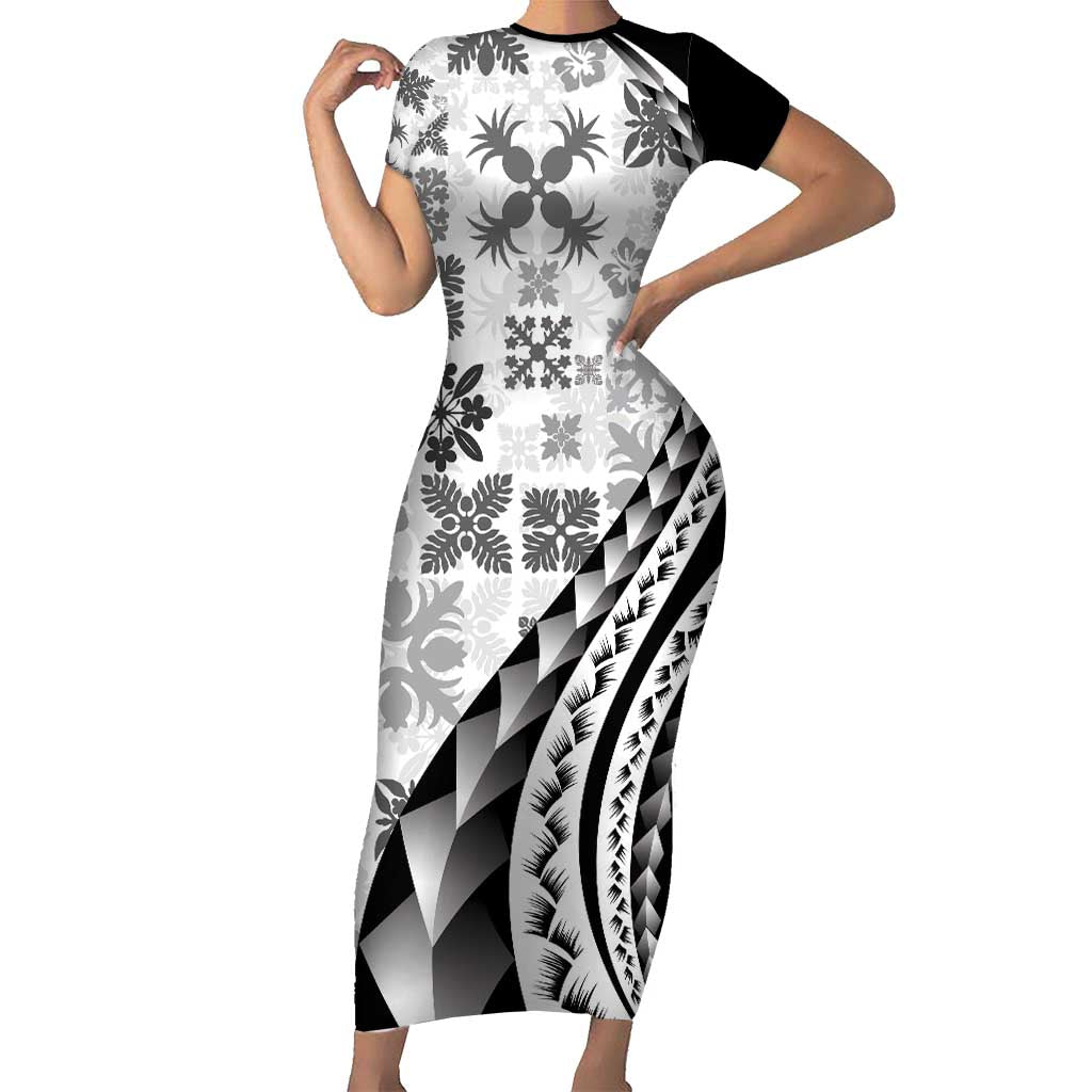 Black Hawaiian Quilt Pattern Family Matching Short Sleeve Bodycon Dress and Hawaiian Shirt Mixed Polynesian Tribal Arty LT9 Mom's Dress Black - Polynesian Pride