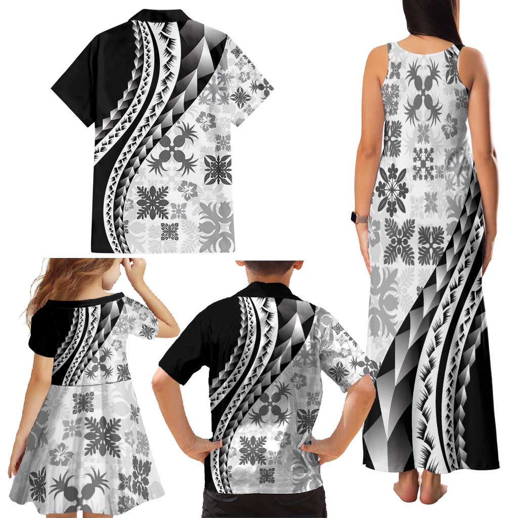 Black Hawaiian Quilt Pattern Family Matching Tank Maxi Dress and Hawaiian Shirt Mixed Polynesian Tribal Arty