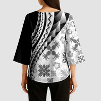 Black Hawaiian Quilt Pattern Kimono Sleeve Blouse Mixed Polynesian Tribal Arty - Polynesian Pride