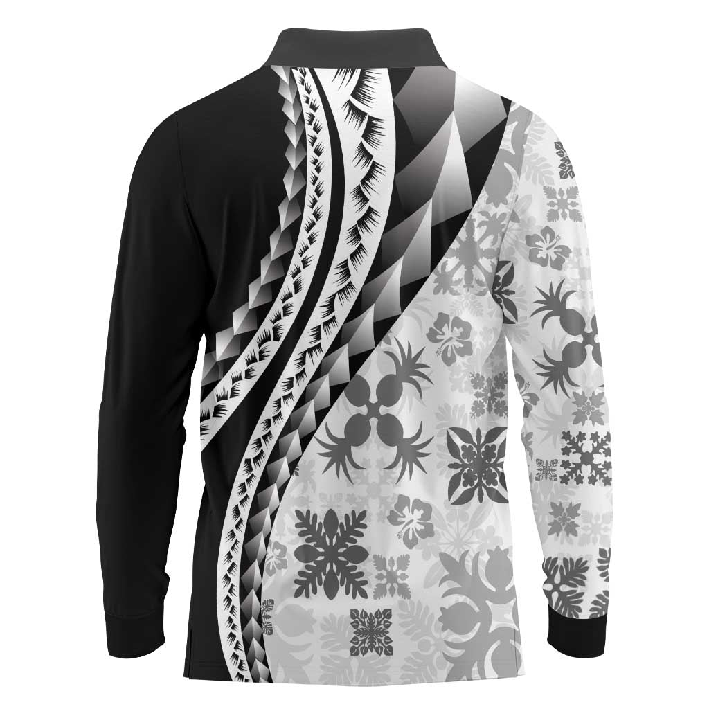 Black Hawaiian Quilt Pattern Long Sleeve Polo Shirt Mixed Polynesian Tribal Arty