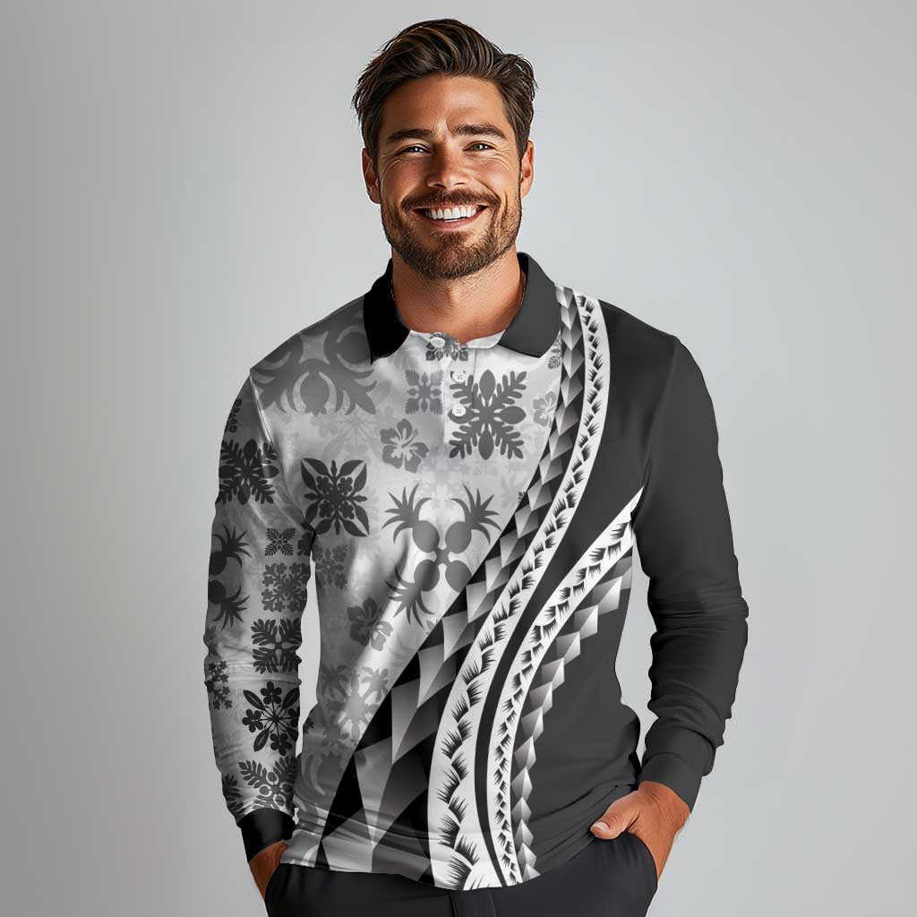 Black Hawaiian Quilt Pattern Long Sleeve Polo Shirt Mixed Polynesian Tribal Arty