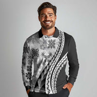 Black Hawaiian Quilt Pattern Long Sleeve Polo Shirt Mixed Polynesian Tribal Arty