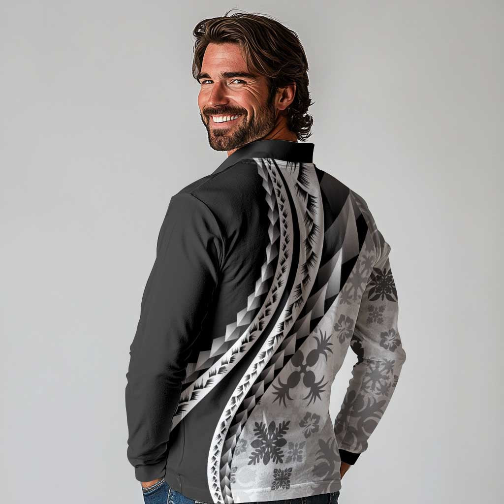 Black Hawaiian Quilt Pattern Long Sleeve Polo Shirt Mixed Polynesian Tribal Arty