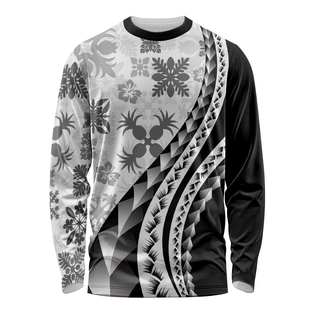 Black Hawaiian Quilt Pattern Long Sleeve Shirt Mixed Polynesian Tribal Arty