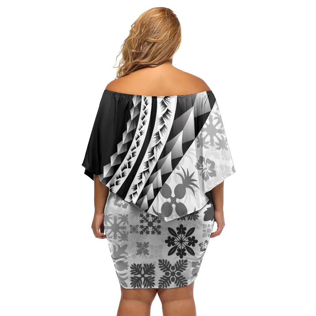 Black Hawaiian Quilt Pattern Off Shoulder Short Dress Mixed Polynesian Tribal Arty