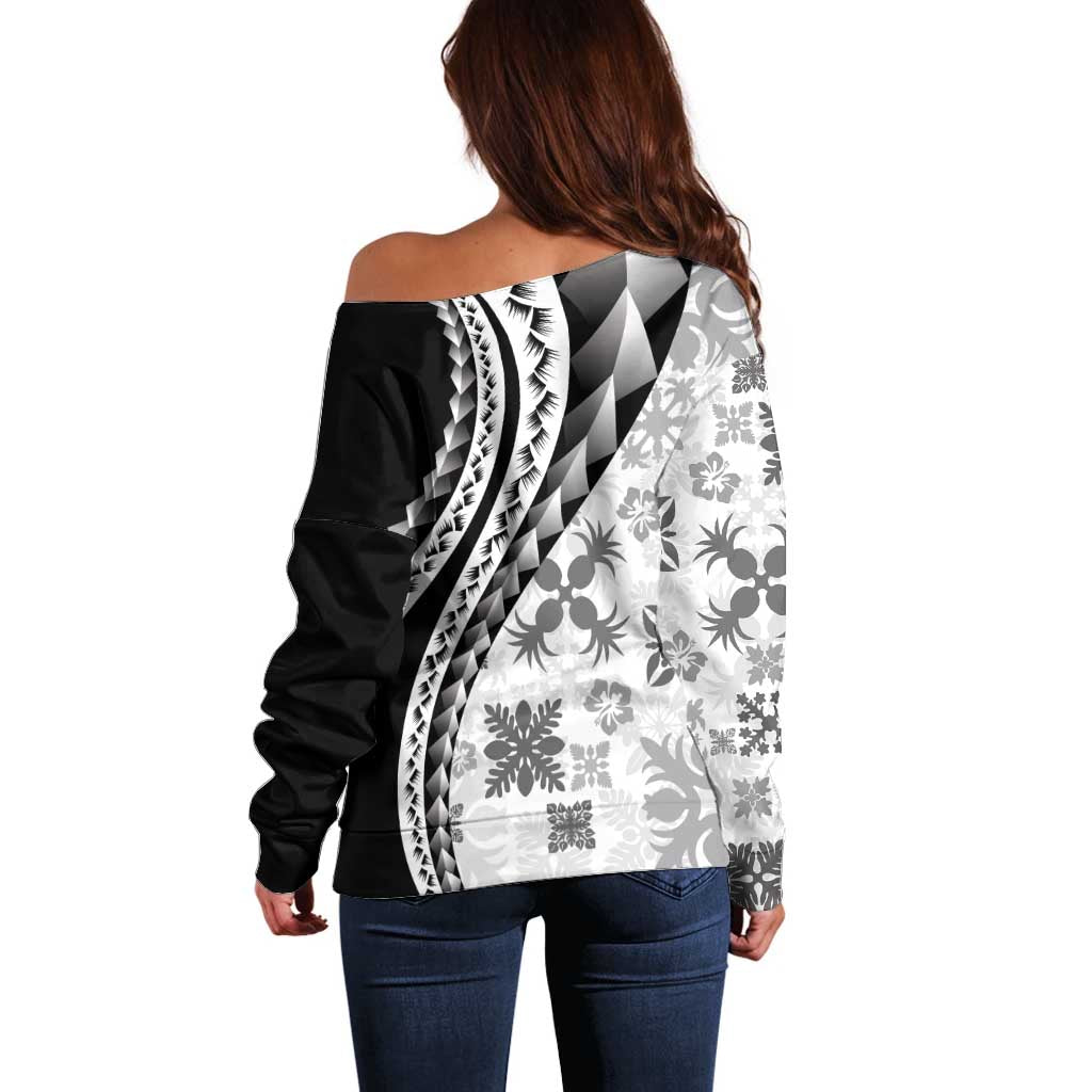 Black Hawaiian Quilt Pattern Off Shoulder Sweater Mixed Polynesian Tribal Arty