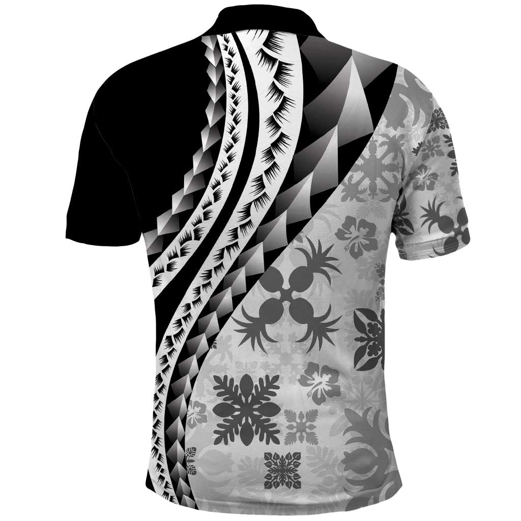 Black Hawaiian Quilt Pattern Polo Shirt Mixed Polynesian Tribal Arty