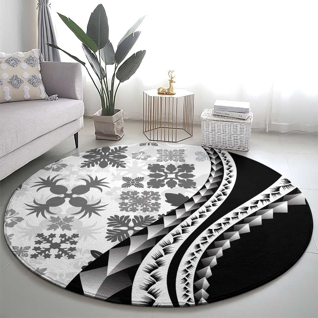 Black Hawaiian Quilt Pattern Round Carpet Mixed Polynesian Tribal Arty