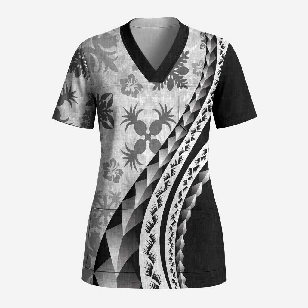 Black Hawaiian Quilt Pattern Scrub Top Mixed Polynesian Tribal Arty - Polynesian Pride