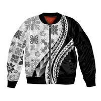 Black Hawaiian Quilt Pattern Sleeve Zip Bomber Jacket Mixed Polynesian Tribal Arty