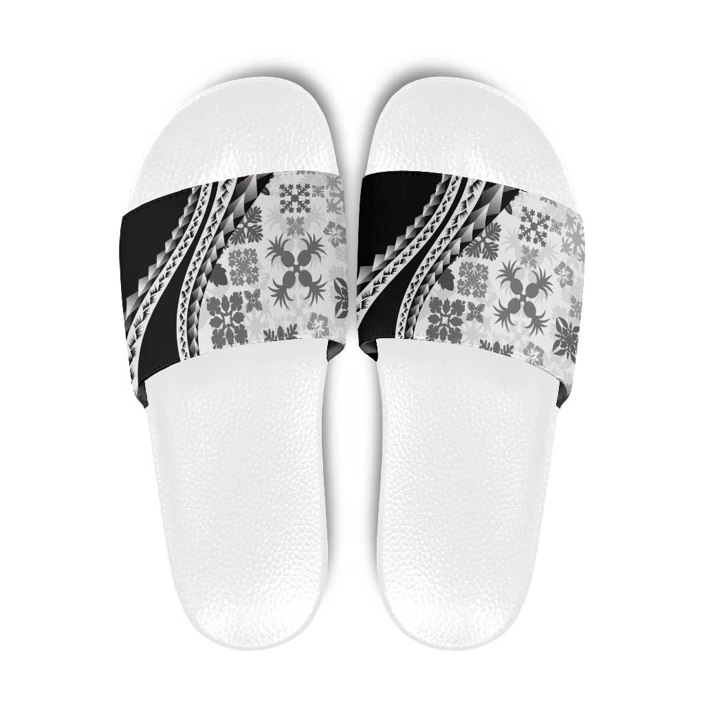Black Hawaiian Quilt Pattern Slide Sandals Mixed Polynesian Tribal Arty - Polynesian Pride