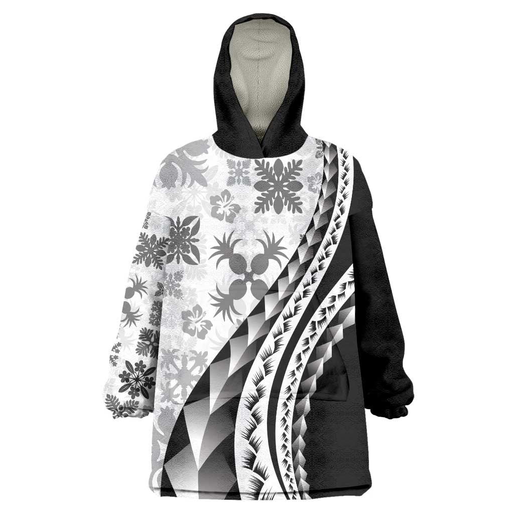Black Hawaiian Quilt Pattern Wearable Blanket Hoodie Mixed Polynesian Tribal Arty