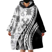 Black Hawaiian Quilt Pattern Wearable Blanket Hoodie Mixed Polynesian Tribal Arty