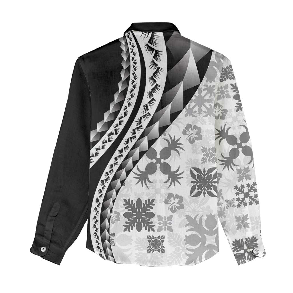 Black Hawaiian Quilt Pattern Women Casual Shirt Mixed Polynesian Tribal Arty