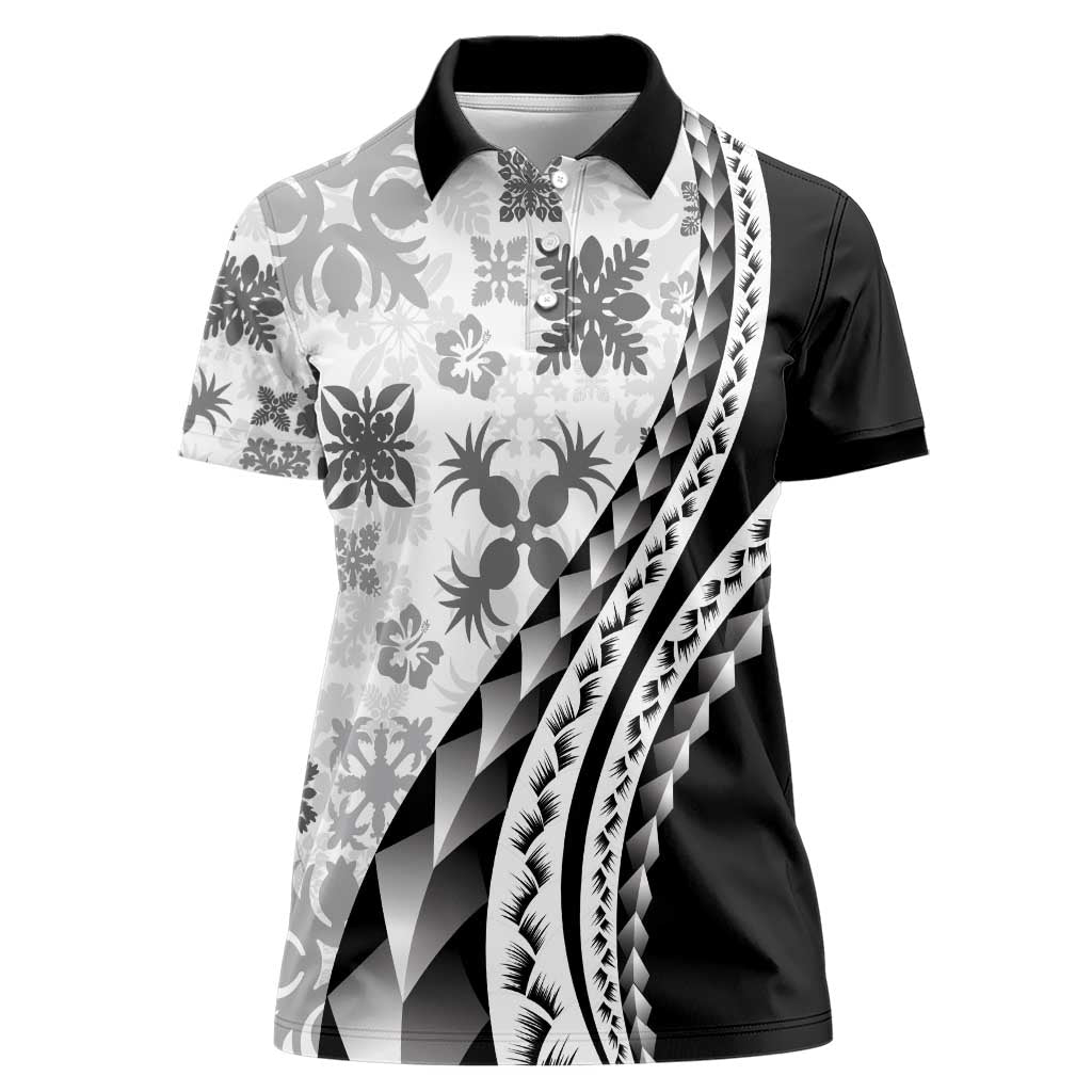 Black Hawaiian Quilt Pattern Women Polo Shirt Mixed Polynesian Tribal Arty