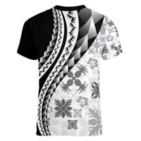 Black Hawaiian Quilt Pattern Women V-Neck T-Shirt Mixed Polynesian Tribal Arty