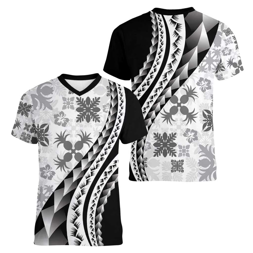 Black Hawaiian Quilt Pattern Women V-Neck T-Shirt Mixed Polynesian Tribal Arty