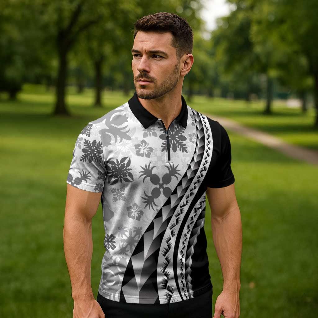 Black Hawaiian Quilt Pattern Zipper Polo Shirt Mixed Polynesian Tribal Arty - Polynesian Pride