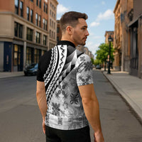 Black Hawaiian Quilt Pattern Zipper Polo Shirt Mixed Polynesian Tribal Arty - Polynesian Pride