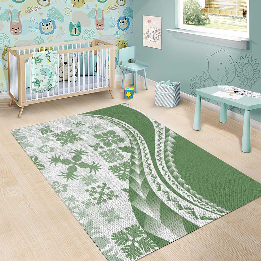 Green Hawaiian Quilt Pattern Area Rug Mixed Polynesian Tribal Arty