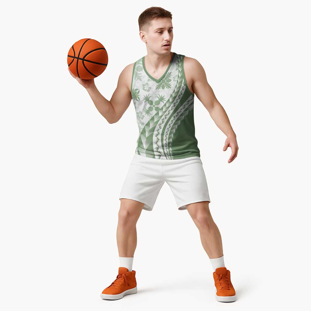 Green Hawaiian Quilt Pattern Basketball Jersey Mixed Polynesian Tribal Arty - Polynesian Pride