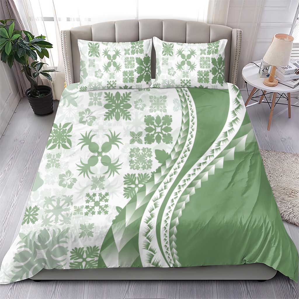 Green Hawaiian Quilt Pattern Bedding Set Mixed Polynesian Tribal Arty
