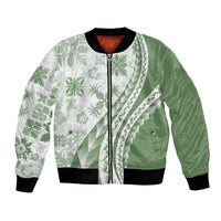 Green Hawaiian Quilt Pattern Bomber Jacket Mixed Polynesian Tribal Arty