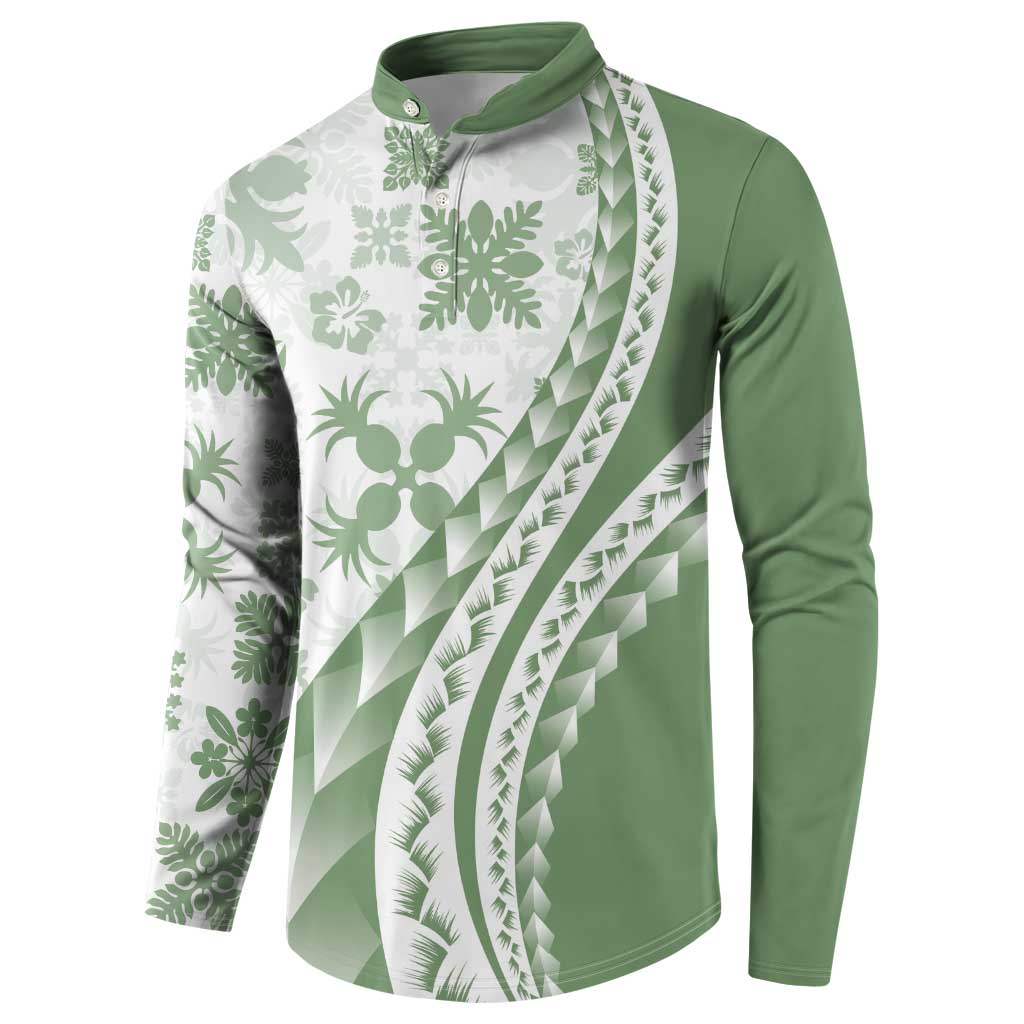 Green Hawaiian Quilt Pattern Button Sweatshirt Mixed Polynesian Tribal Arty