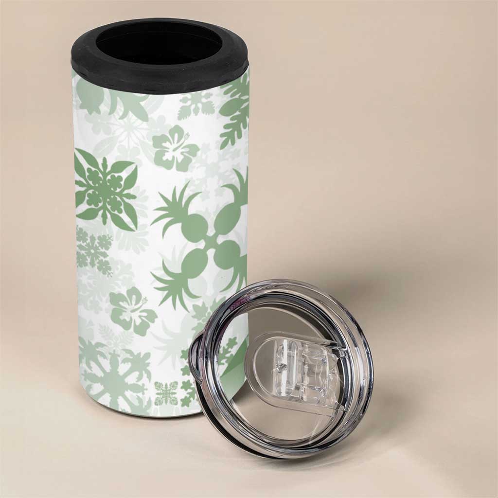 Green Hawaiian Quilt Pattern 4 in 1 Can Cooler Tumbler Mixed Polynesian Tribal Arty