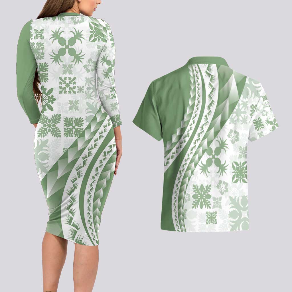 Green Hawaiian Quilt Pattern Couples Matching Long Sleeve Bodycon Dress and Hawaiian Shirt Mixed Polynesian Tribal Arty
