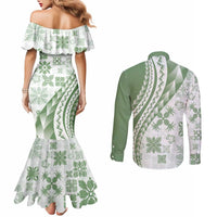 Green Hawaiian Quilt Pattern Couples Matching Mermaid Dress and Long Sleeve Button Shirt Mixed Polynesian Tribal Arty