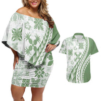 Green Hawaiian Quilt Pattern Couples Matching Off Shoulder Short Dress and Hawaiian Shirt Mixed Polynesian Tribal Arty