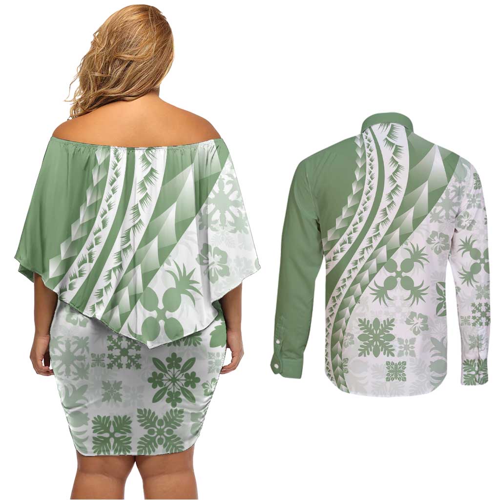 Green Hawaiian Quilt Pattern Couples Matching Off Shoulder Short Dress and Long Sleeve Button Shirt Mixed Polynesian Tribal Arty