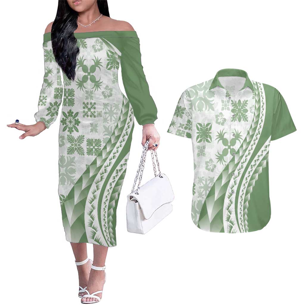 Green Hawaiian Quilt Pattern Couples Matching Off The Shoulder Long Sleeve Dress and Hawaiian Shirt Mixed Polynesian Tribal Arty