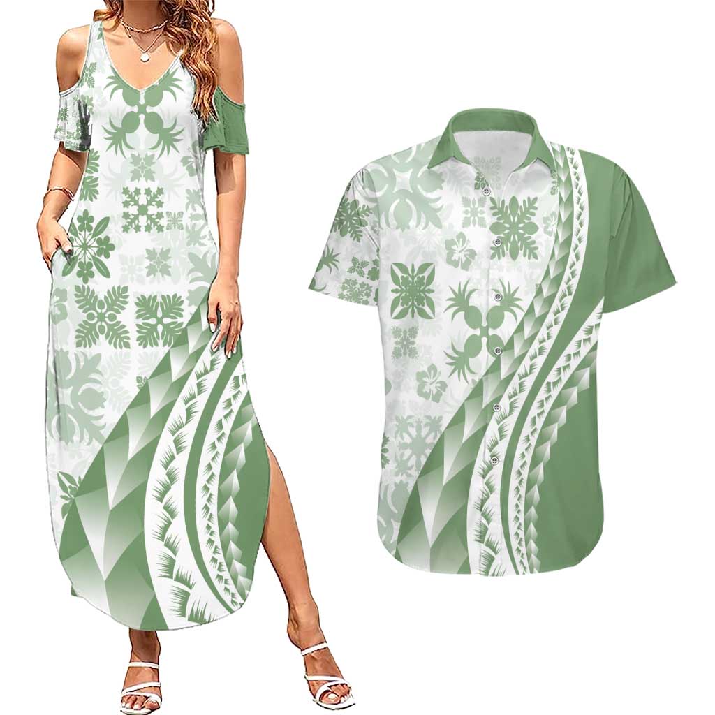 Green Hawaiian Quilt Pattern Couples Matching Summer Maxi Dress and Hawaiian Shirt Mixed Polynesian Tribal Arty