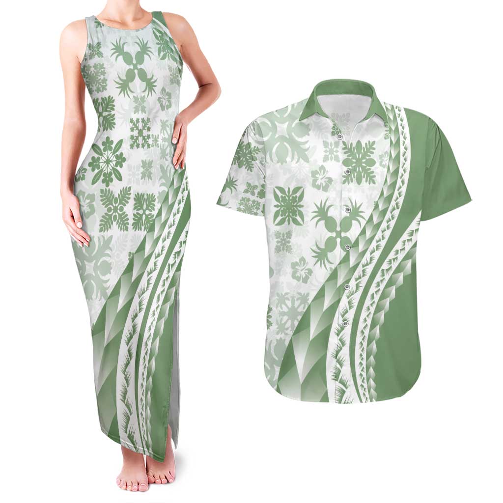 Green Hawaiian Quilt Pattern Couples Matching Tank Maxi Dress and Hawaiian Shirt Mixed Polynesian Tribal Arty