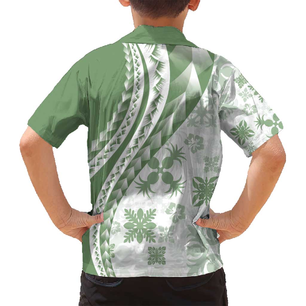 Green Hawaiian Quilt Pattern Family Matching Long Sleeve Bodycon Dress and Hawaiian Shirt Mixed Polynesian Tribal Arty LT9 - Polynesian Pride