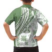 Green Hawaiian Quilt Pattern Family Matching Long Sleeve Bodycon Dress and Hawaiian Shirt Mixed Polynesian Tribal Arty LT9 - Polynesian Pride