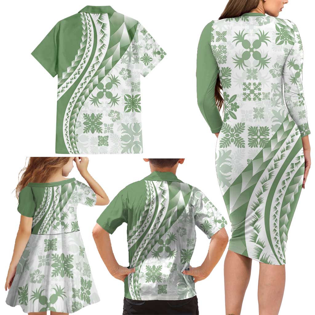 Green Hawaiian Quilt Pattern Family Matching Long Sleeve Bodycon Dress and Hawaiian Shirt Mixed Polynesian Tribal Arty LT9 - Polynesian Pride