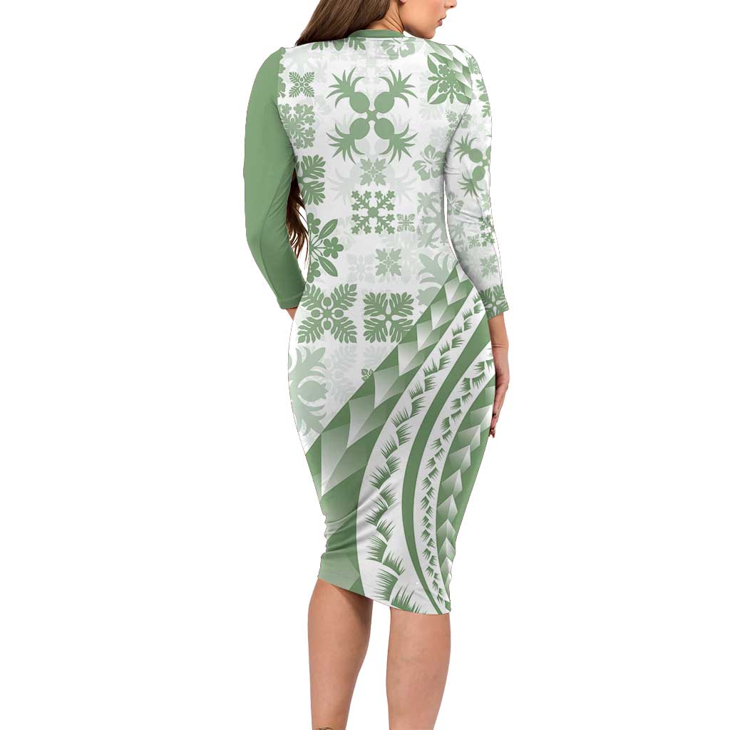 Green Hawaiian Quilt Pattern Family Matching Long Sleeve Bodycon Dress and Hawaiian Shirt Mixed Polynesian Tribal Arty LT9 - Polynesian Pride