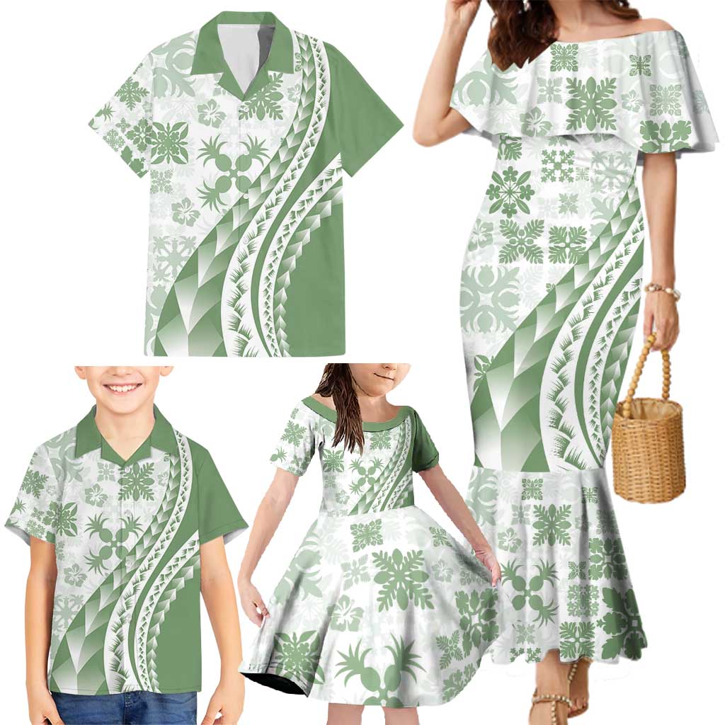 Green Hawaiian Quilt Pattern Family Matching Mermaid Dress and Hawaiian Shirt Mixed Polynesian Tribal Arty LT9 - Polynesian Pride