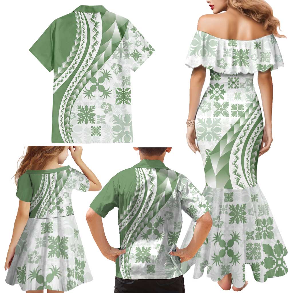 Green Hawaiian Quilt Pattern Family Matching Mermaid Dress and Hawaiian Shirt Mixed Polynesian Tribal Arty LT9 - Polynesian Pride