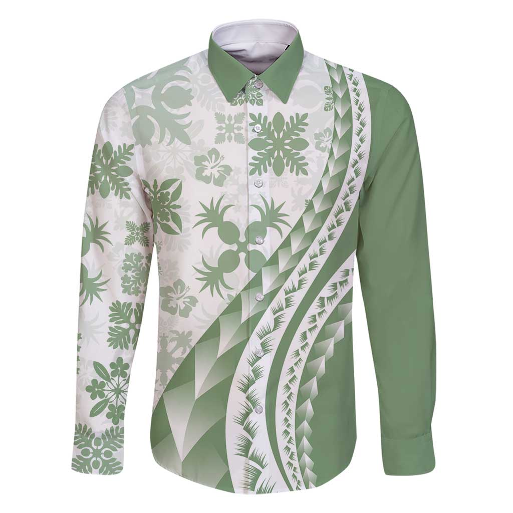 Green Hawaiian Quilt Pattern Family Matching Mermaid Dress and Hawaiian Shirt Mixed Polynesian Tribal Arty LT9 Dad's Shirt - Long Sleeve Green - Polynesian Pride