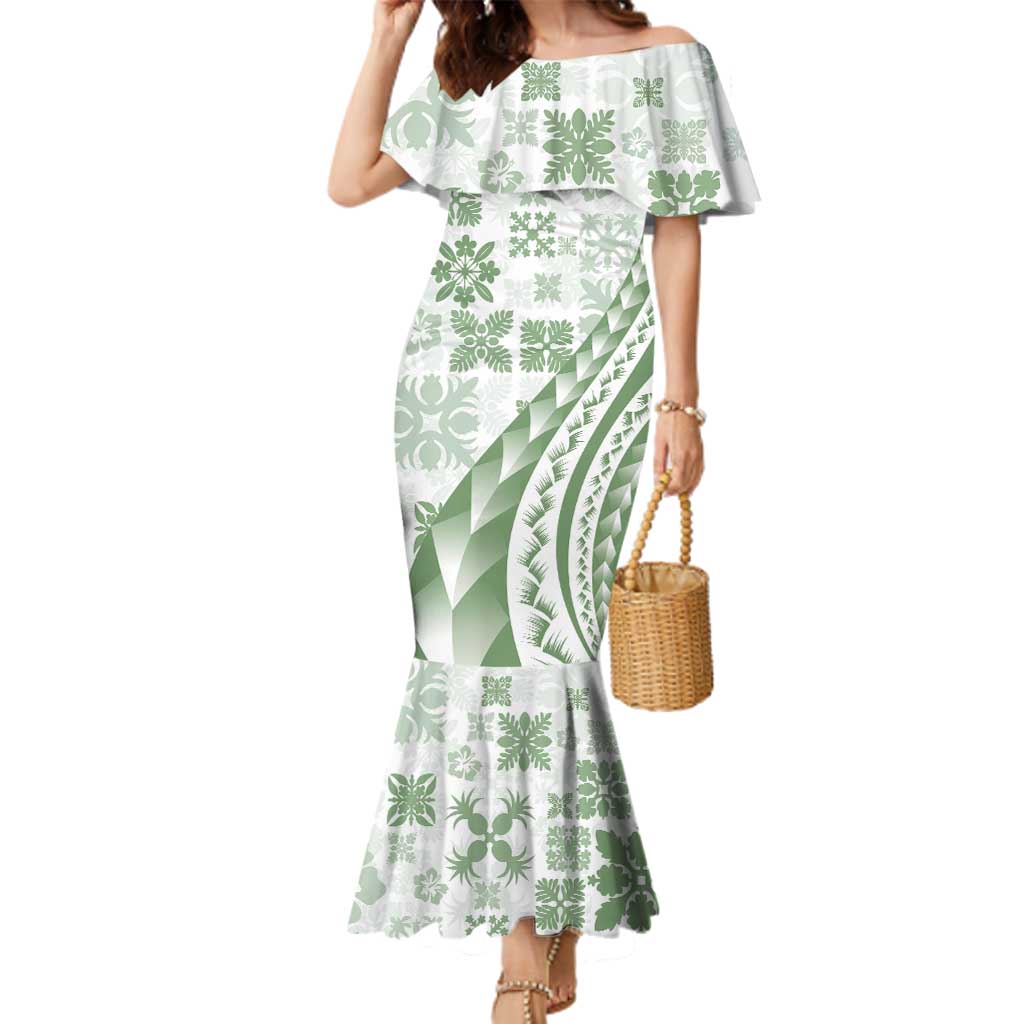 Green Hawaiian Quilt Pattern Family Matching Mermaid Dress and Hawaiian Shirt Mixed Polynesian Tribal Arty LT9 Mom's Dress Green - Polynesian Pride