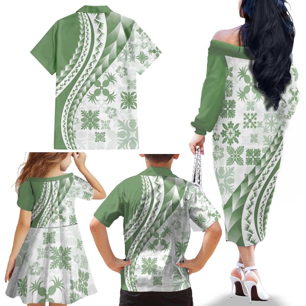 Green Hawaiian Quilt Pattern Family Matching Off The Shoulder Long Sleeve Dress and Hawaiian Shirt Mixed Polynesian Tribal Arty