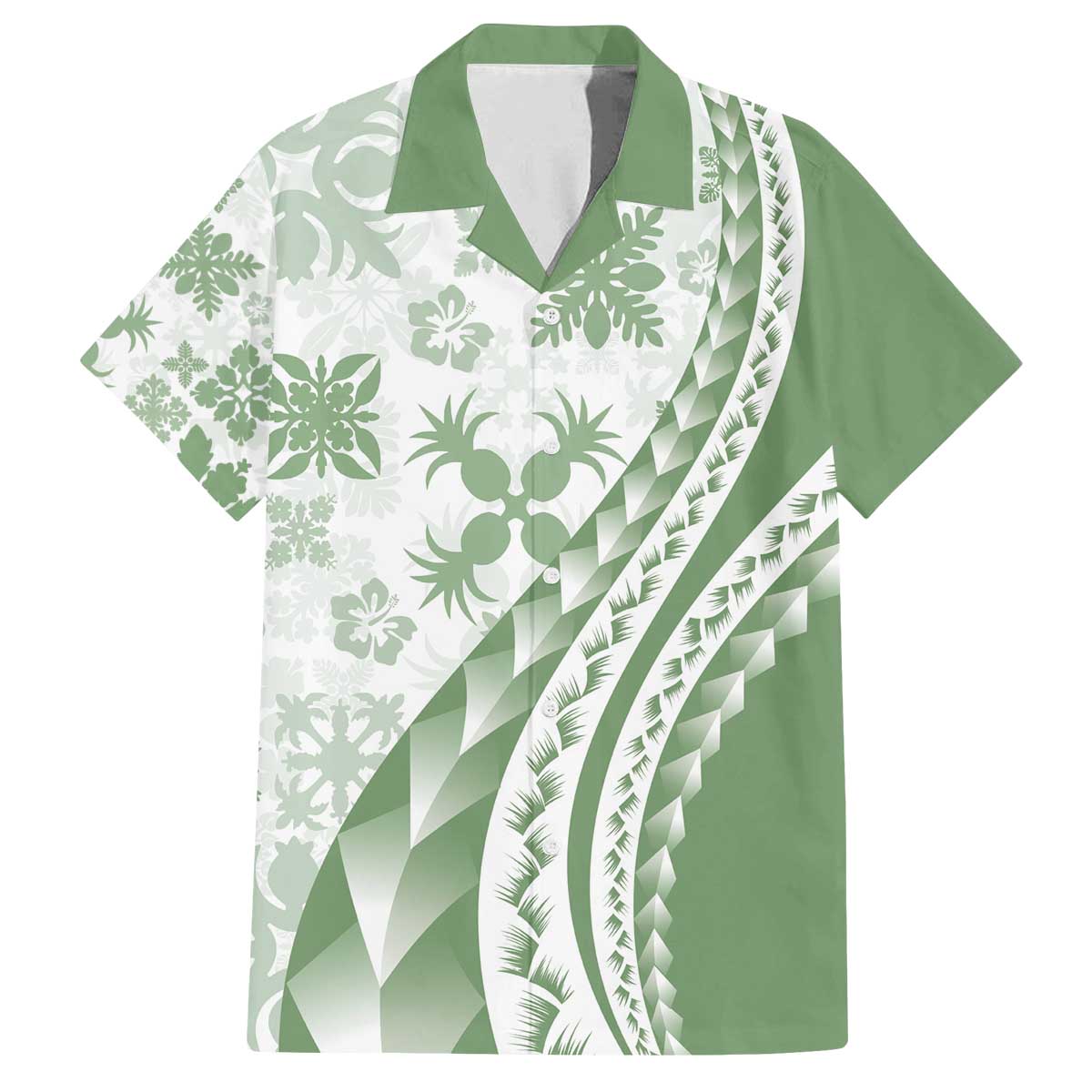 Green Hawaiian Quilt Pattern Family Matching Off The Shoulder Long Sleeve Dress and Hawaiian Shirt Mixed Polynesian Tribal Arty